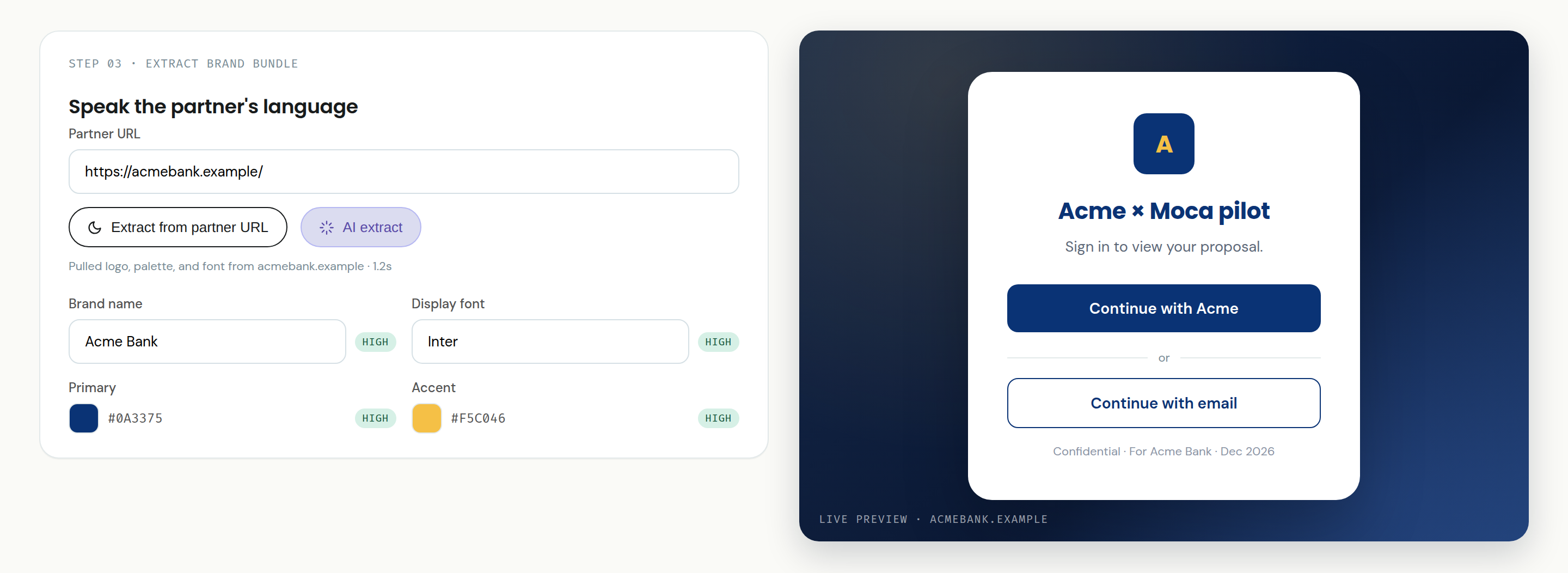 Carnegie extracting brand identity from a partner URL and rendering a live preview of the partner-branded login screen